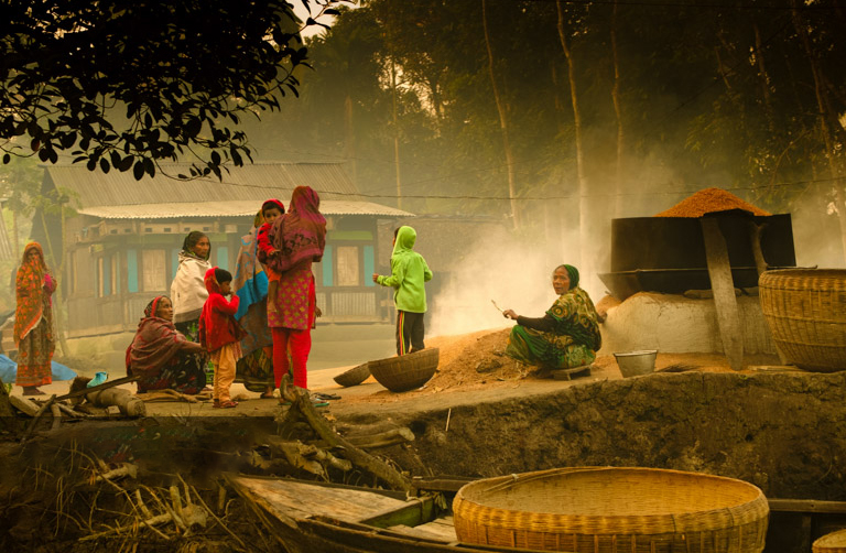 Village women are boilling rice paddy